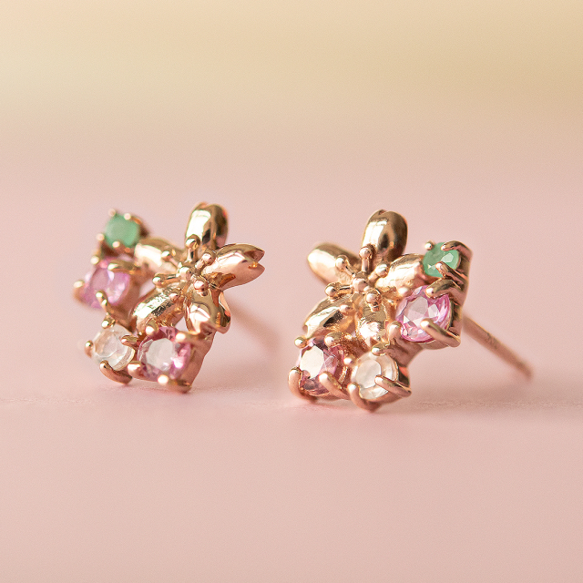 ピアス K10ピンクゴールド エメラルド ピンクサファイア ローズ