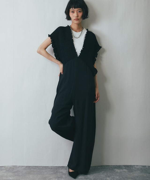 深Vネック胸元のシャーリングオールインワン【asF3481】