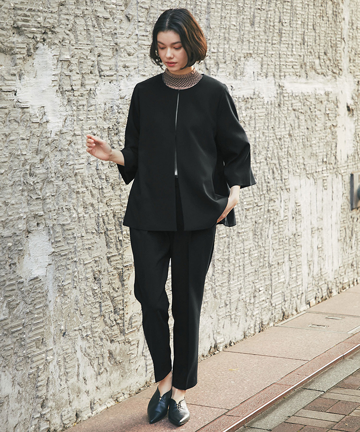 ノーカラージャケット＆テーパードパンツスーツセットアップ 【品番