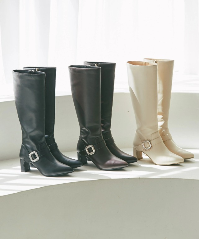 ベルトデザインバックルビジュー付きロングブーツ