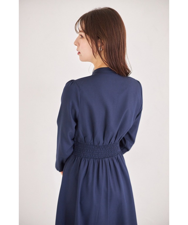 ヨークレース切り替えパール釦ボウタイリボンワンピース