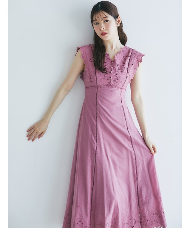 ウエストりぼん付きコットンカットワークレース刺繍ワンピース