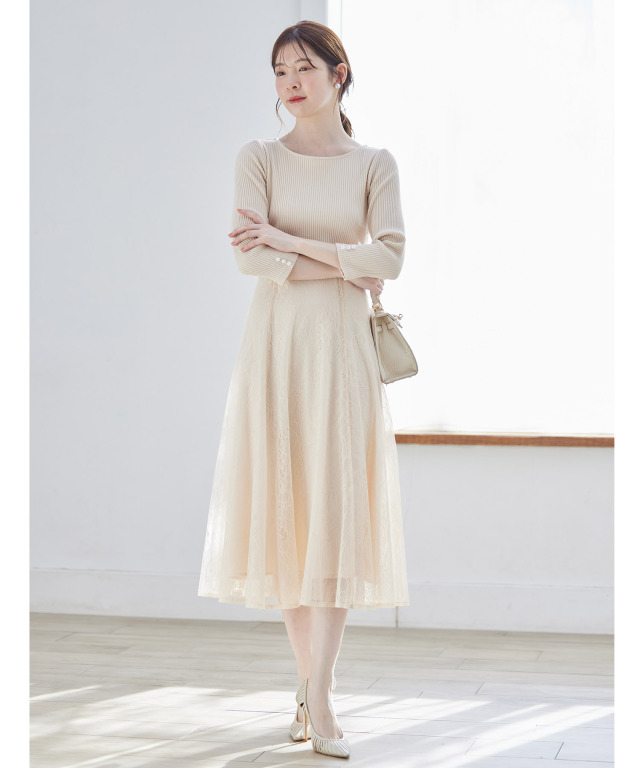 リボン＆パール付きハイウエスト切り替えレースドッキング七分袖ワンピース