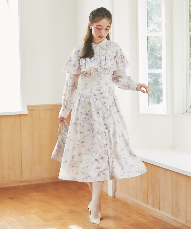 パール釦バックレースアップフリルヨークフラワープリントシャツワンピース