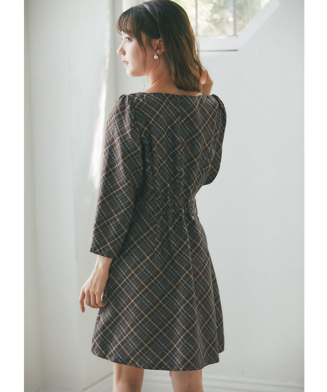 フロントボタンスクエアネックチェックミニワンピース