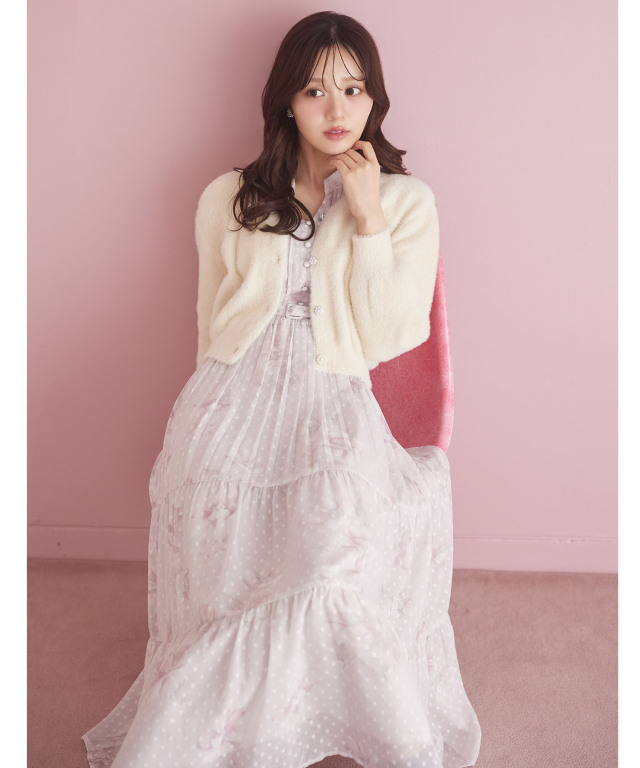 ベルト付きオパールドット×フラワープリントティアードワンピース