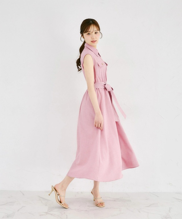 ウエストリボン付きリネンライクシャツワンピース