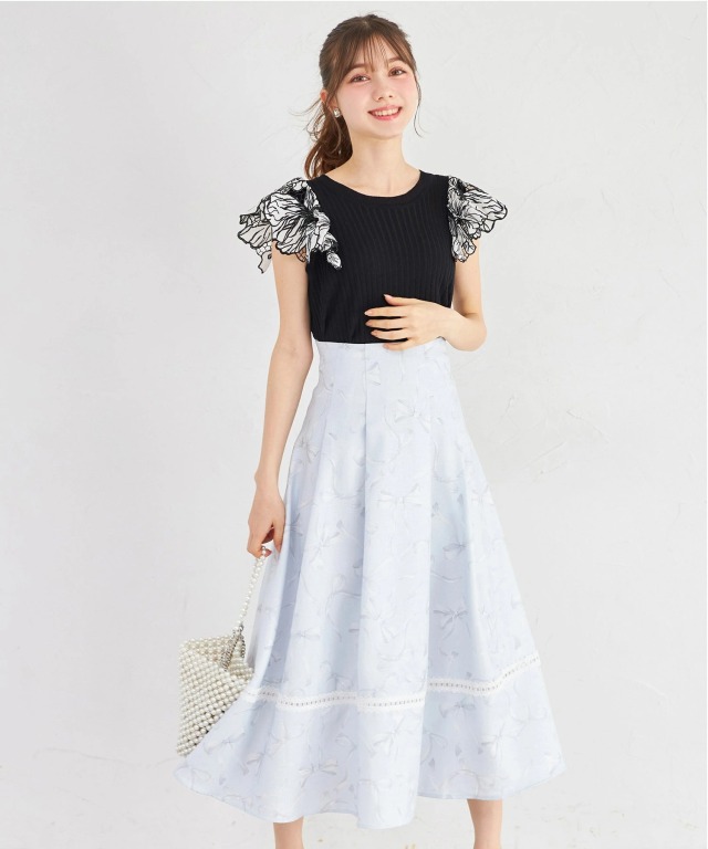 バックレースアップ裾レース装飾リボンプリントツイードライクフレア