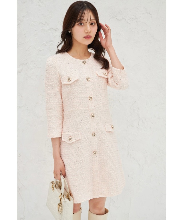 フェイクポケット付きパールビジュー飾り釦スパンコールツイードミニ