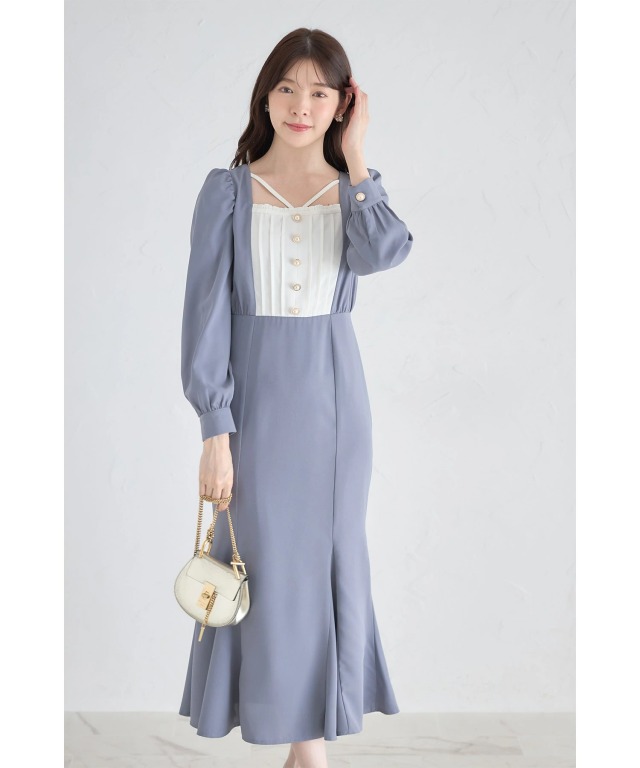 パール飾り釦付きヨーク切り替え配色ワンピース