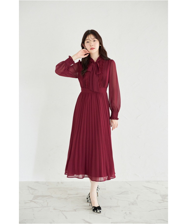 ラインレース×ピンタックボウタイリボンプリーツワンピース