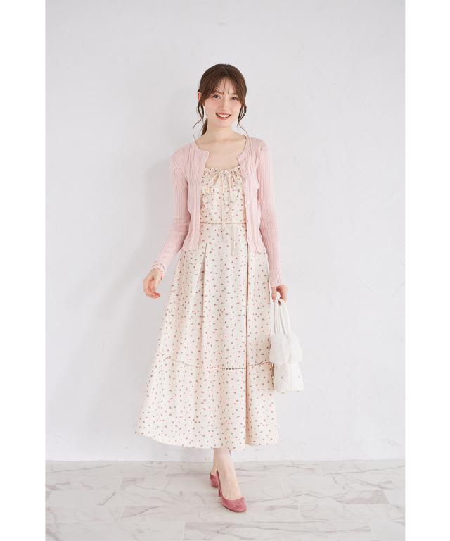 ハート釦ニットカーディガン×小花柄プリントワンピースセット