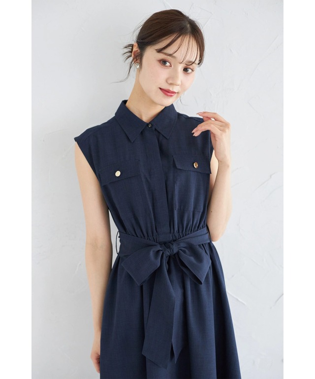 ウエストリボン付きゴールドボタン綿麻タッチシャツワンピース