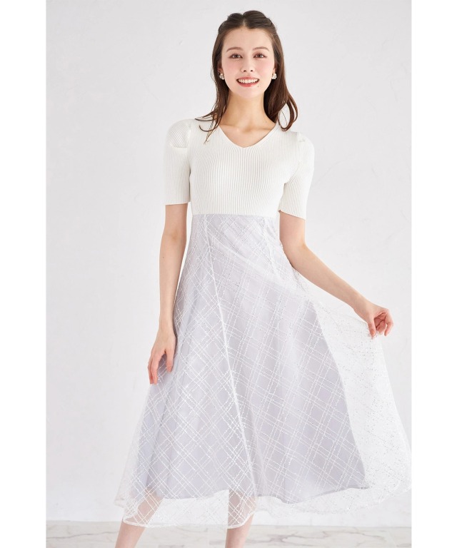 リブニット×スパンコールシアーチェックバックレースアップドッキング