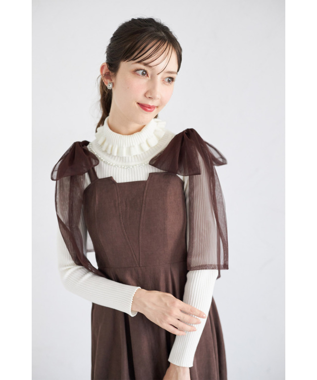 2WAYショルダーチュールリボン付きワンピース