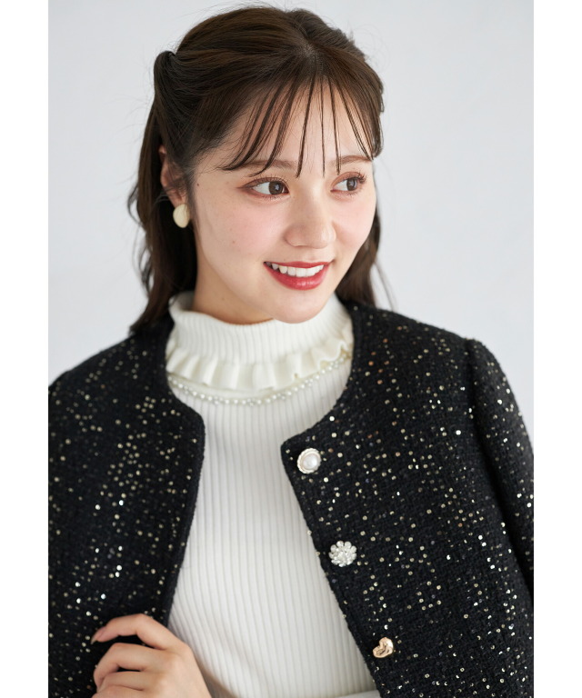 多種飾り釦スパンコールツイードショートジャケット