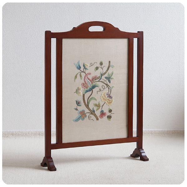 イギリス アンティーク ファイヤースクリーン/刺繍/ガラス/花柄