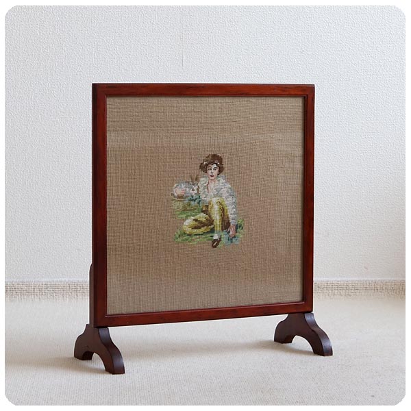 イギリス アンティーク ファイヤースクリーン/暖炉/ニードル刺繍