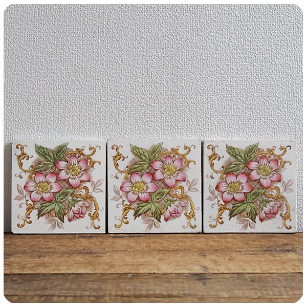 イギリス アンティーク タイル 3枚セット 陶器 インテリア雑貨 花柄