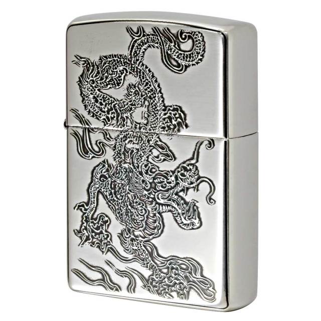 Zippo ジッポー ドラゴン 龍 青海波 和柄 両面加工 シルバー Japanese