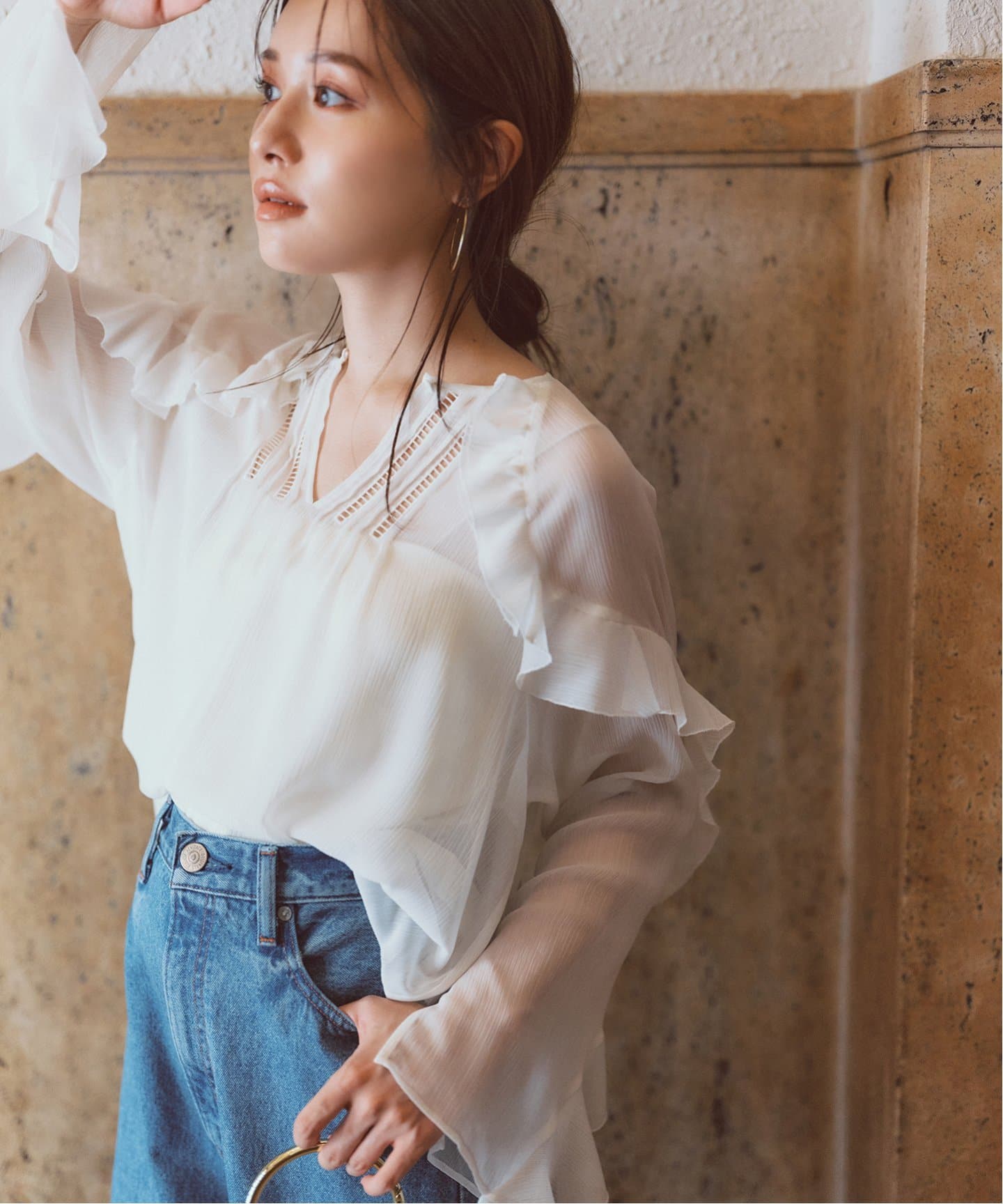 追加》【NOBLE×L'AUBE BLANC】楊柳フリル梯子刺繍ブラウス（シャツ