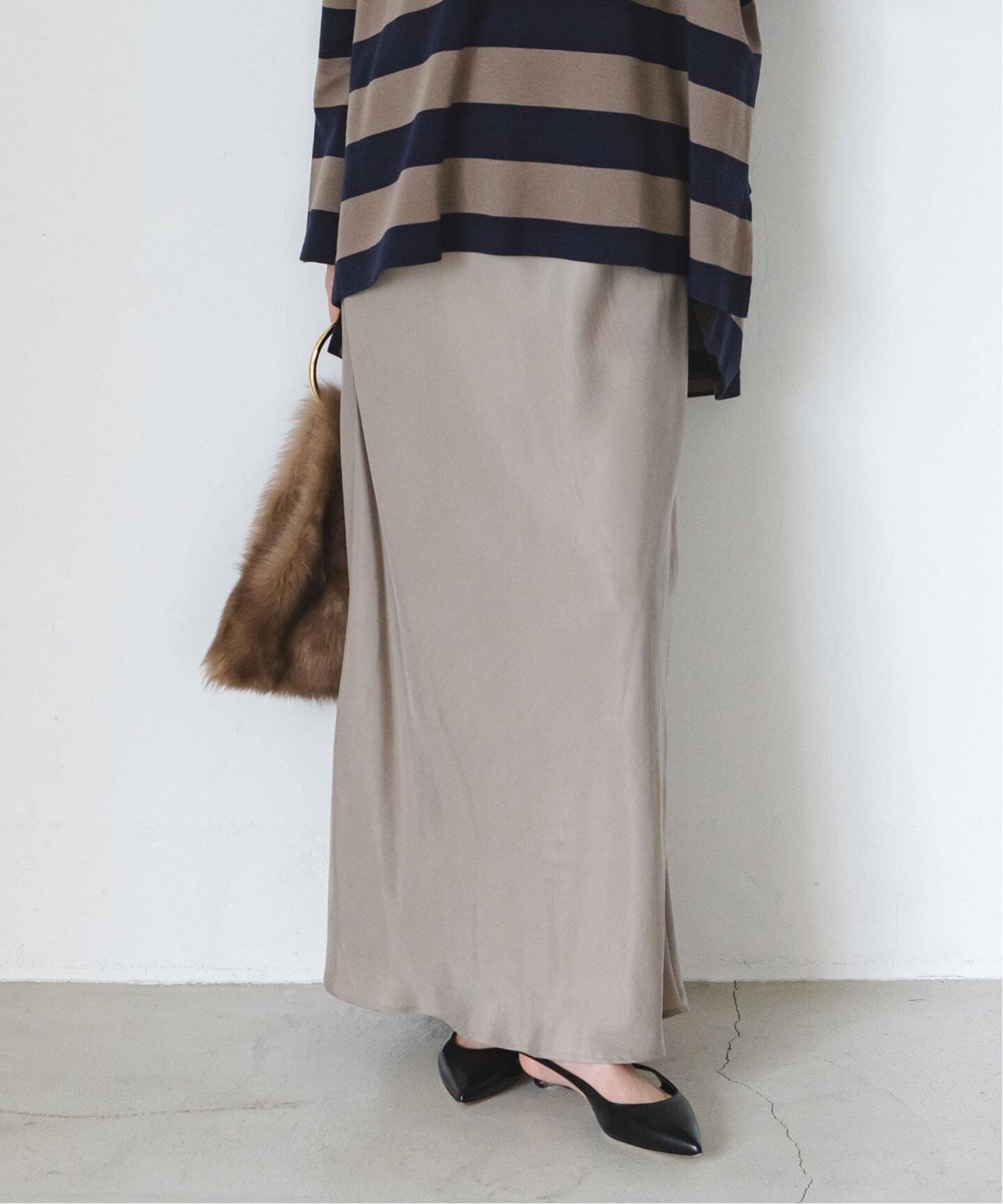 追加》キュプラサテンナローAラインスカート（ロング・マキシ丈