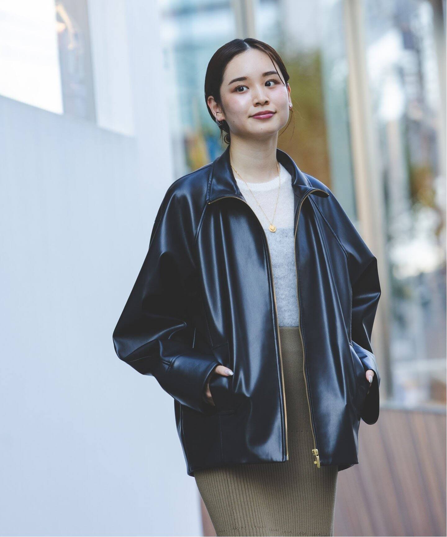 フェイクレザースタンドカラーコクーンブルゾン（その他ブルゾン