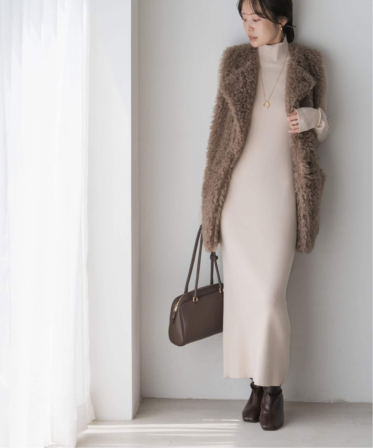 RY/PLリブハイネックロングワンピース（ニットワンピース）｜NOBLE