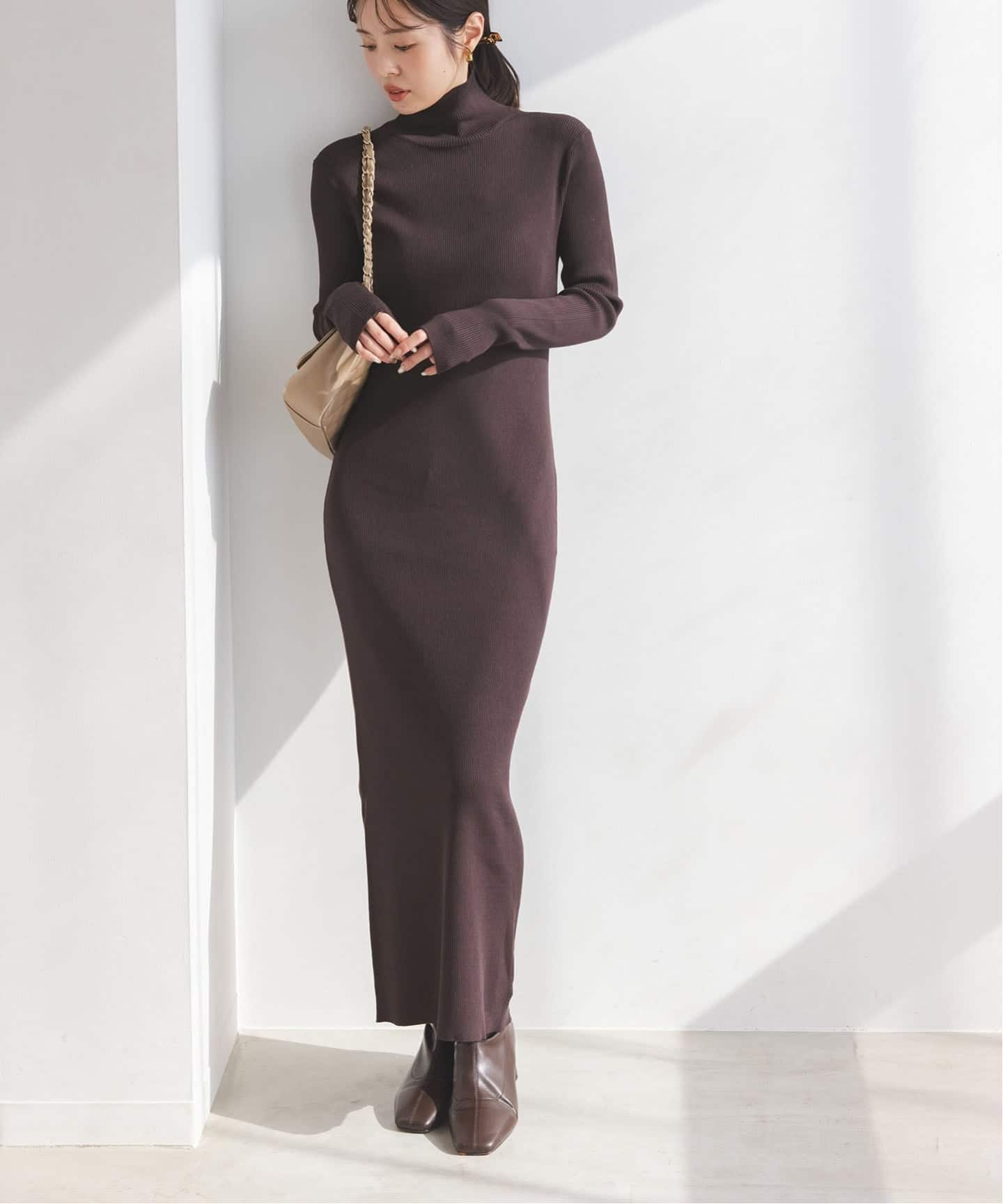 WEB限定カラー・追加》RY/PLリブハイネックロングワンピース（ニット