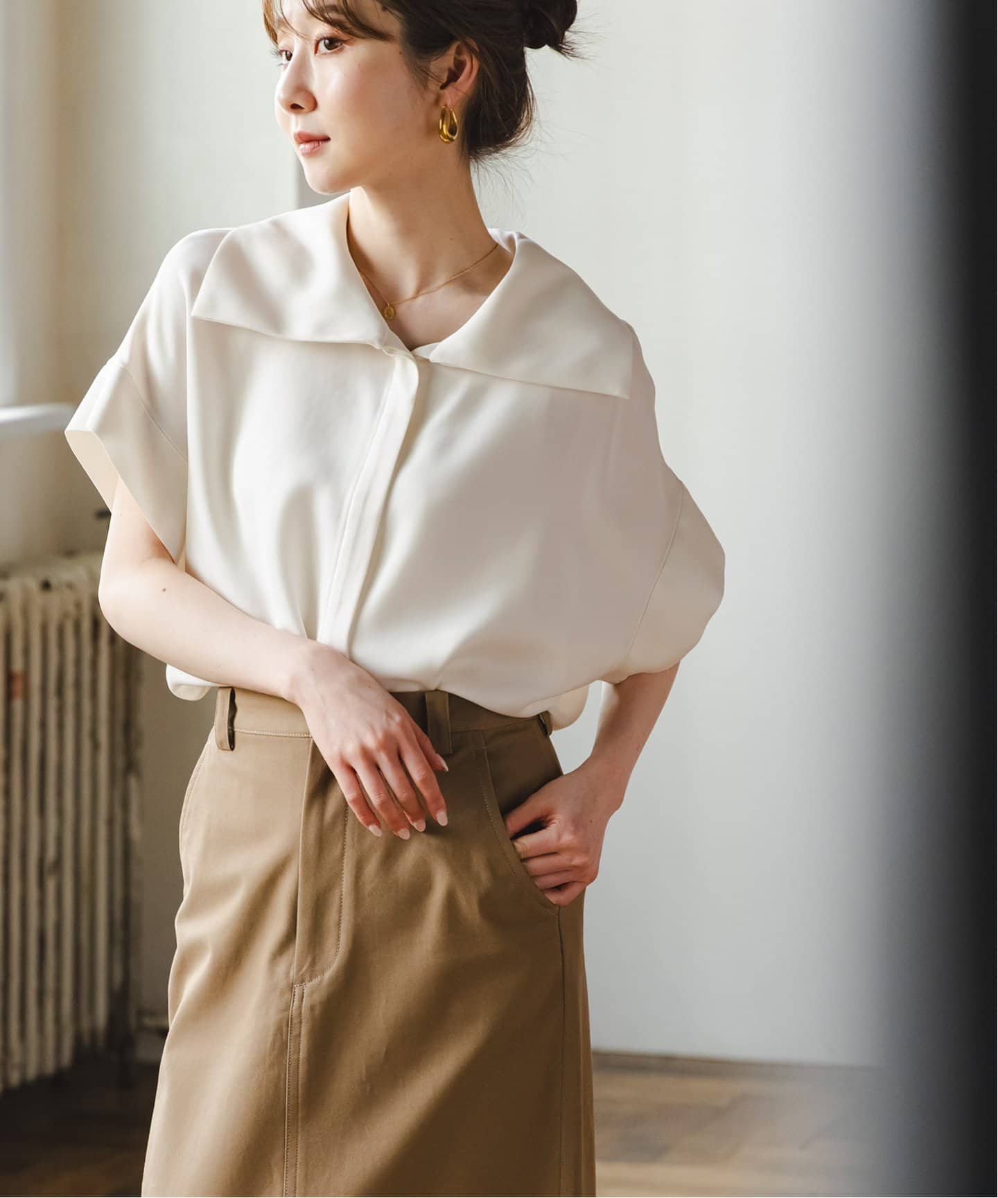 追加》【洗える】2WAYワイドカラーキュプラブラウス（シャツ／ブラウス