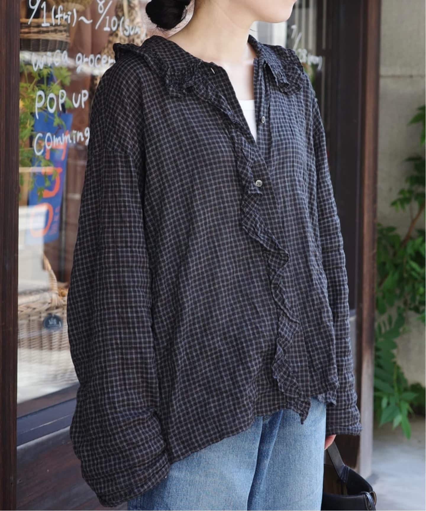 追加》シャーリングローン フリルブラウス（シャツ／ブラウス