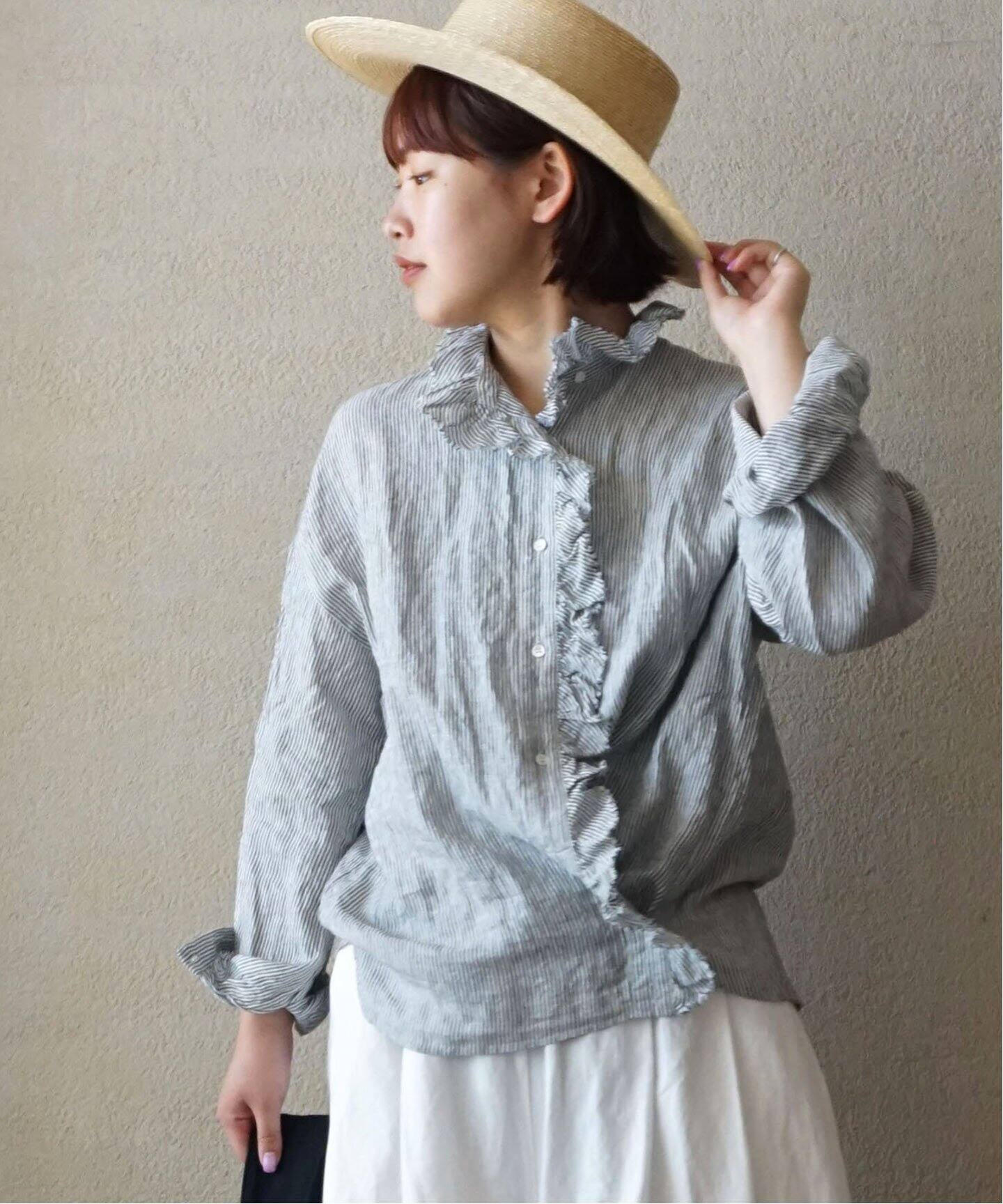 リネンストライプ フリルブラウス（シャツ／ブラウス）｜journal