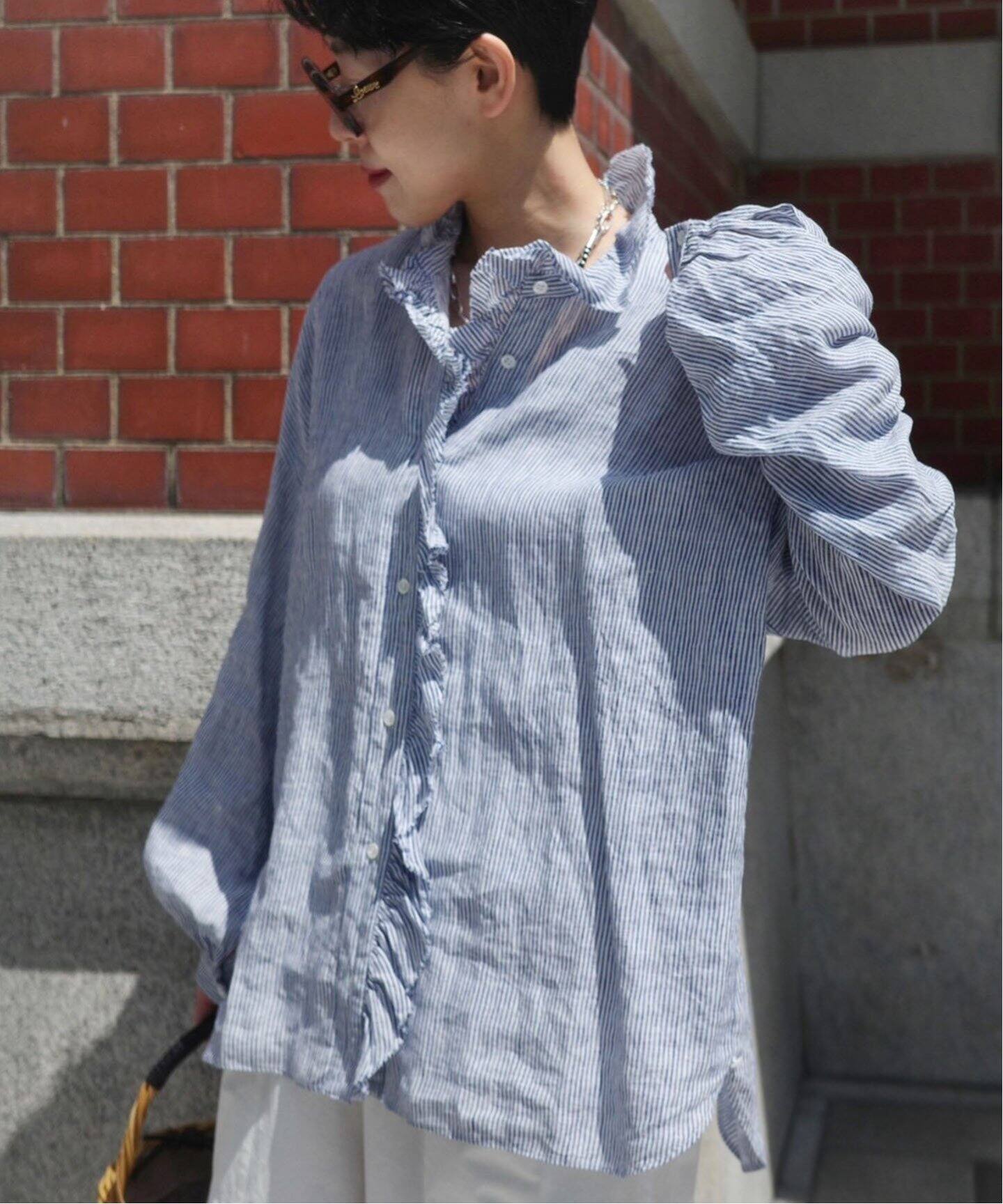 リネンストライプ フリルブラウス（シャツ／ブラウス）｜journal