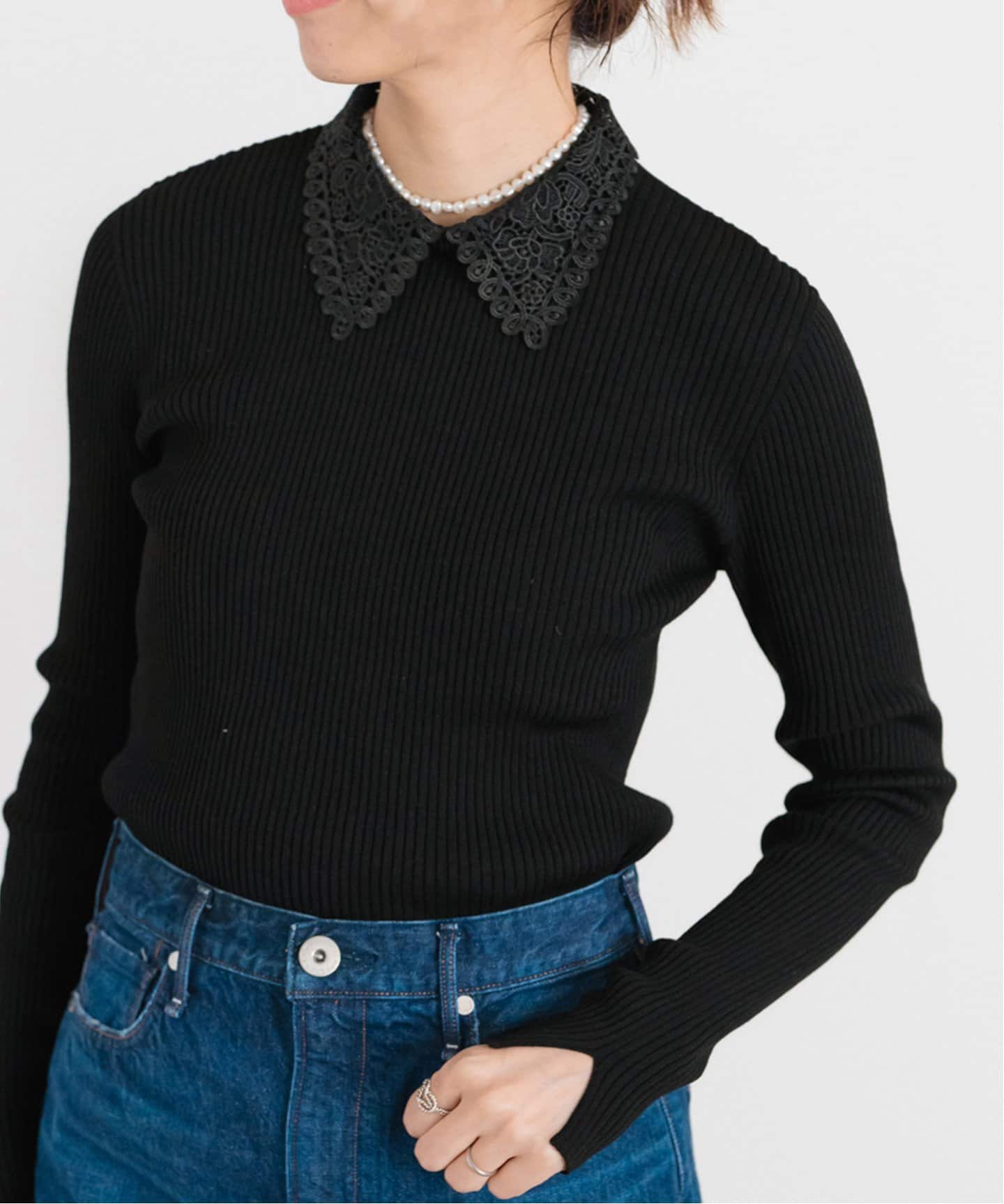 レース襟ホールガーメント リブプルオーバー（ニット／セーター