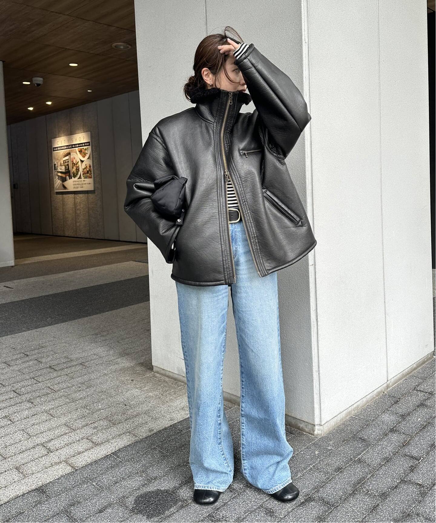 WEB限定追加》フェイクレザーボアブルゾン（レザージャケット