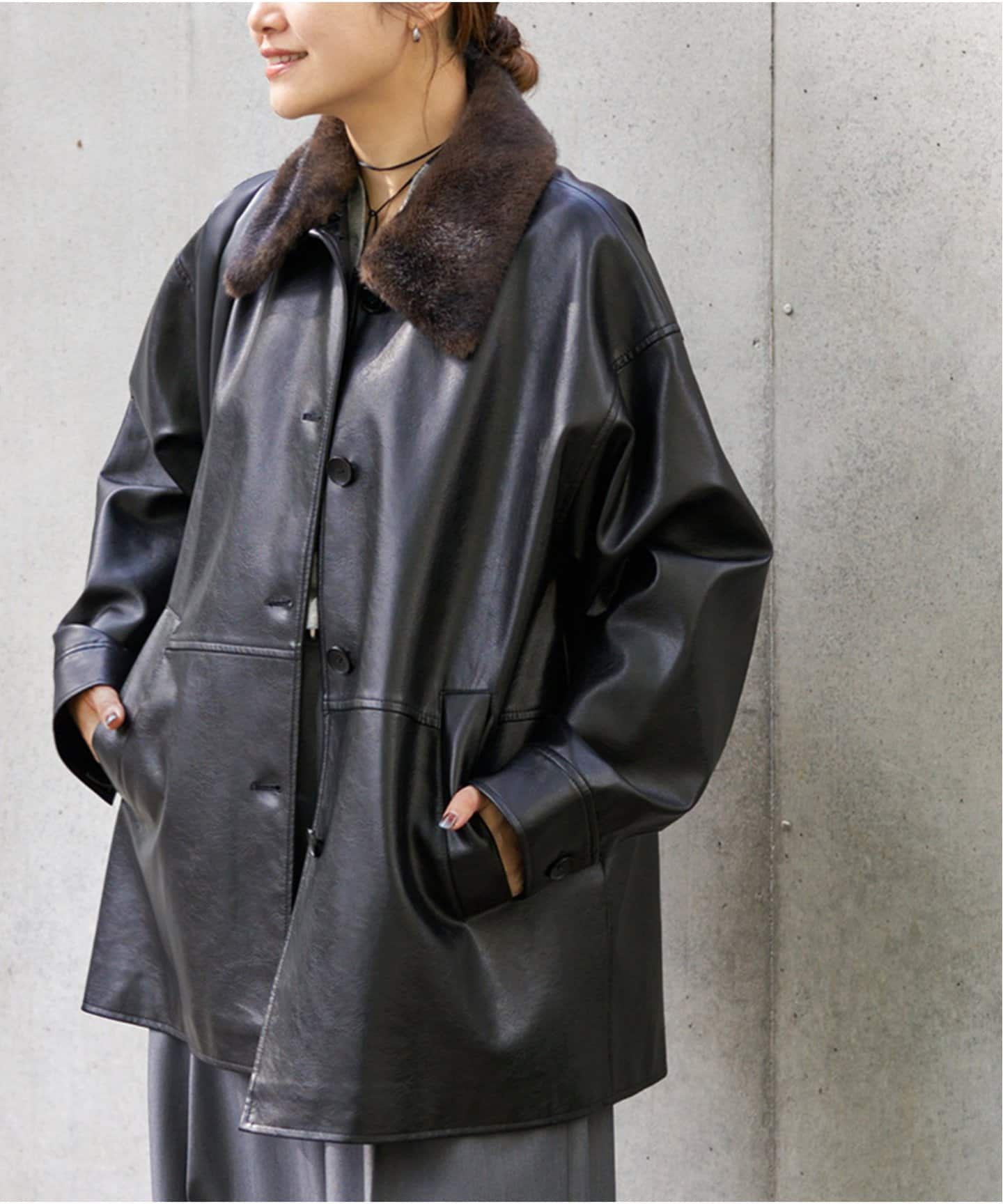 追加》ウォッシャブルフェイクレザーファー襟付カバーオール（レザー