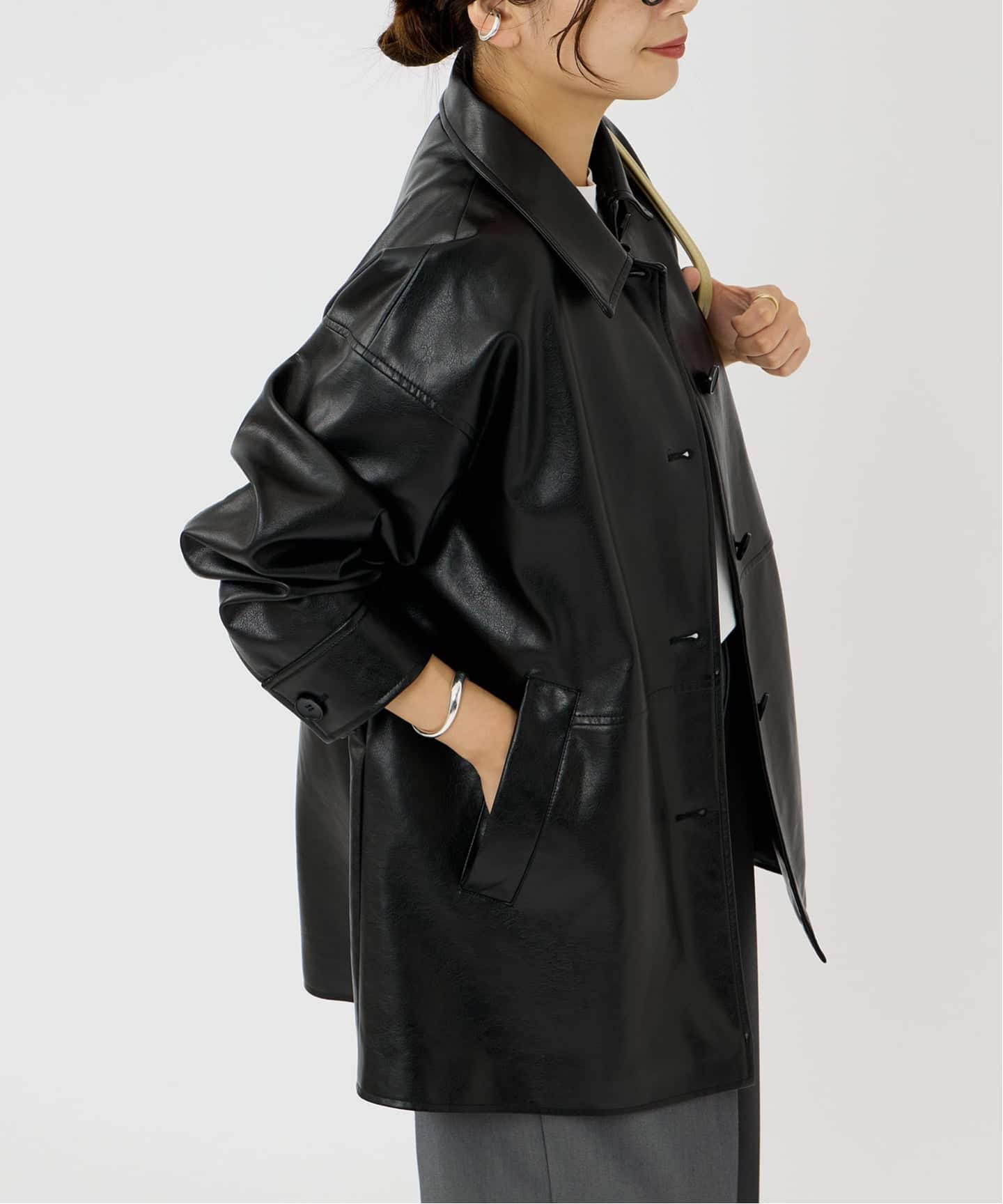 追加2》ウォッシャブルフェイクレザーファー襟付カバーオール（レザー