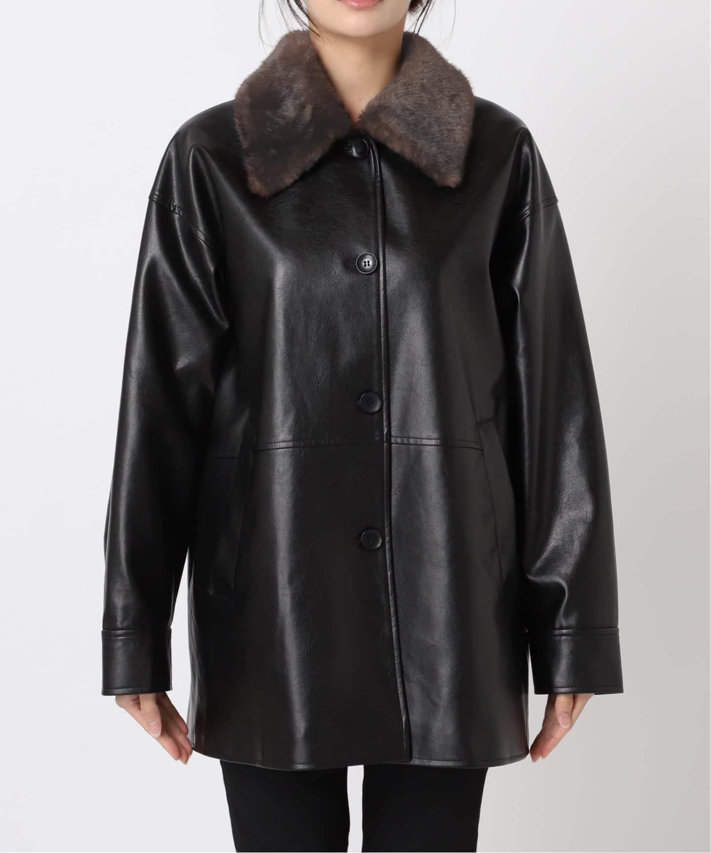 追加2》ウォッシャブルフェイクレザーファー襟付カバーオール（レザー