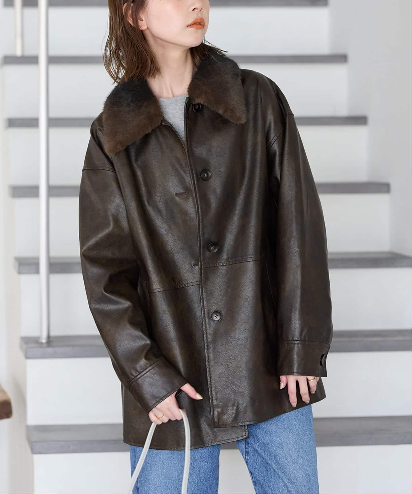 追加2》ウォッシャブルフェイクレザーファー襟付カバーオール（レザー