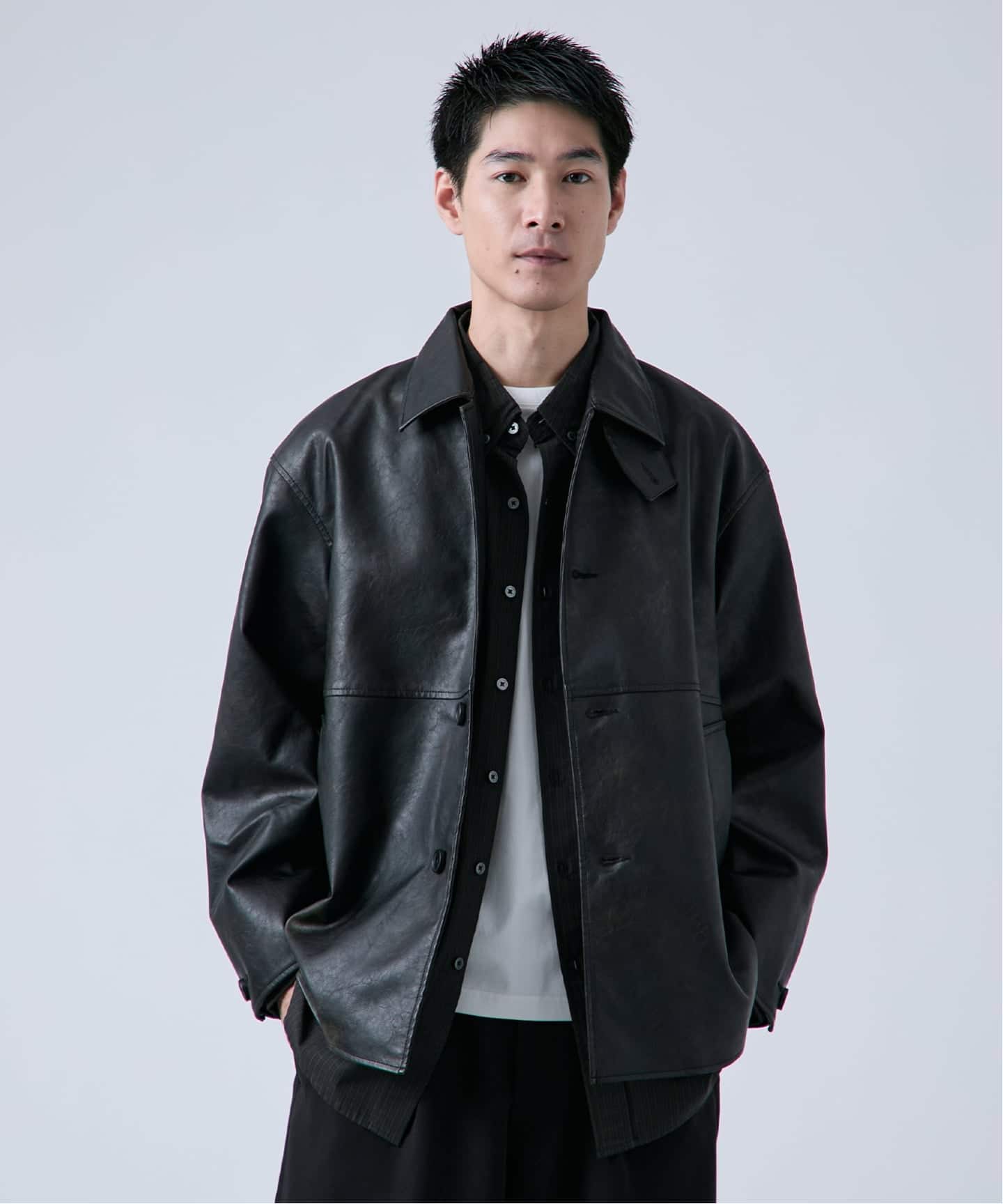 フェード加工 フェイクレザーカーコート（レザージャケット）｜B.C