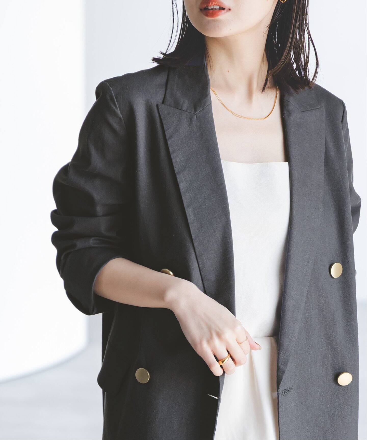 追加》麻ストレッチピークドラペルダブルジャケット（テーラード