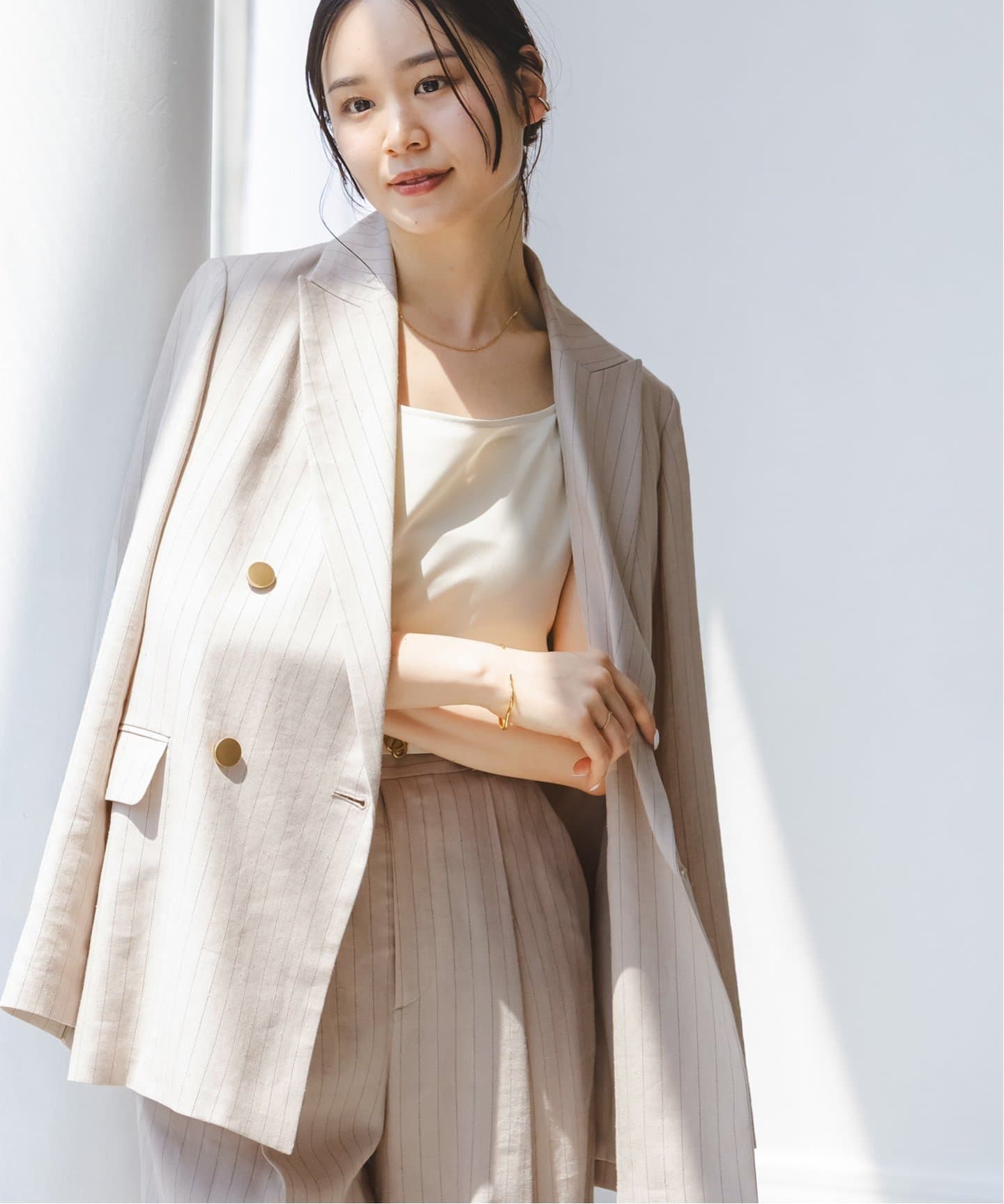 追加》麻ストレッチピークドラペルダブルジャケット（テーラード