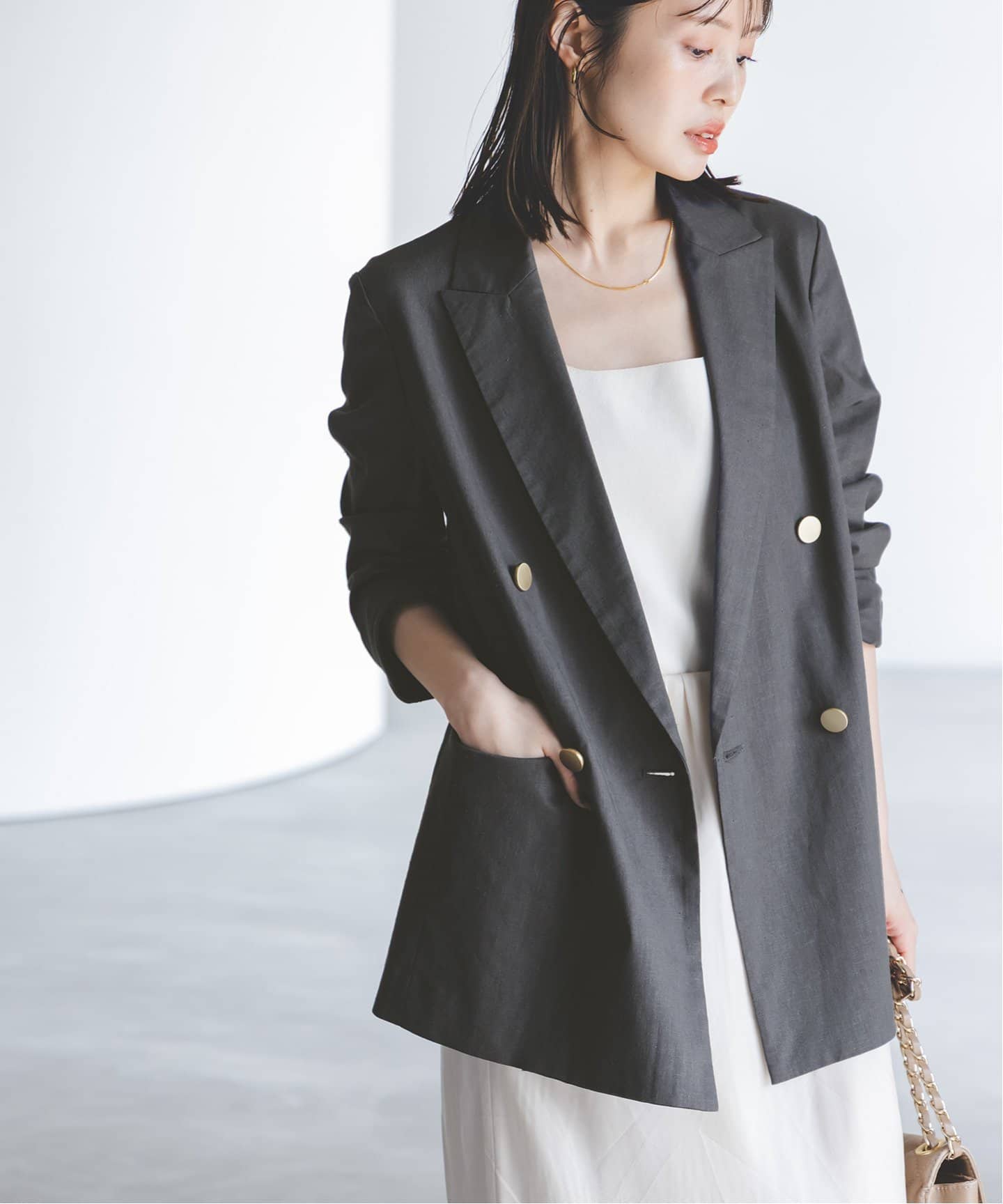 追加》麻ストレッチピークドラペルダブルジャケット（テーラード