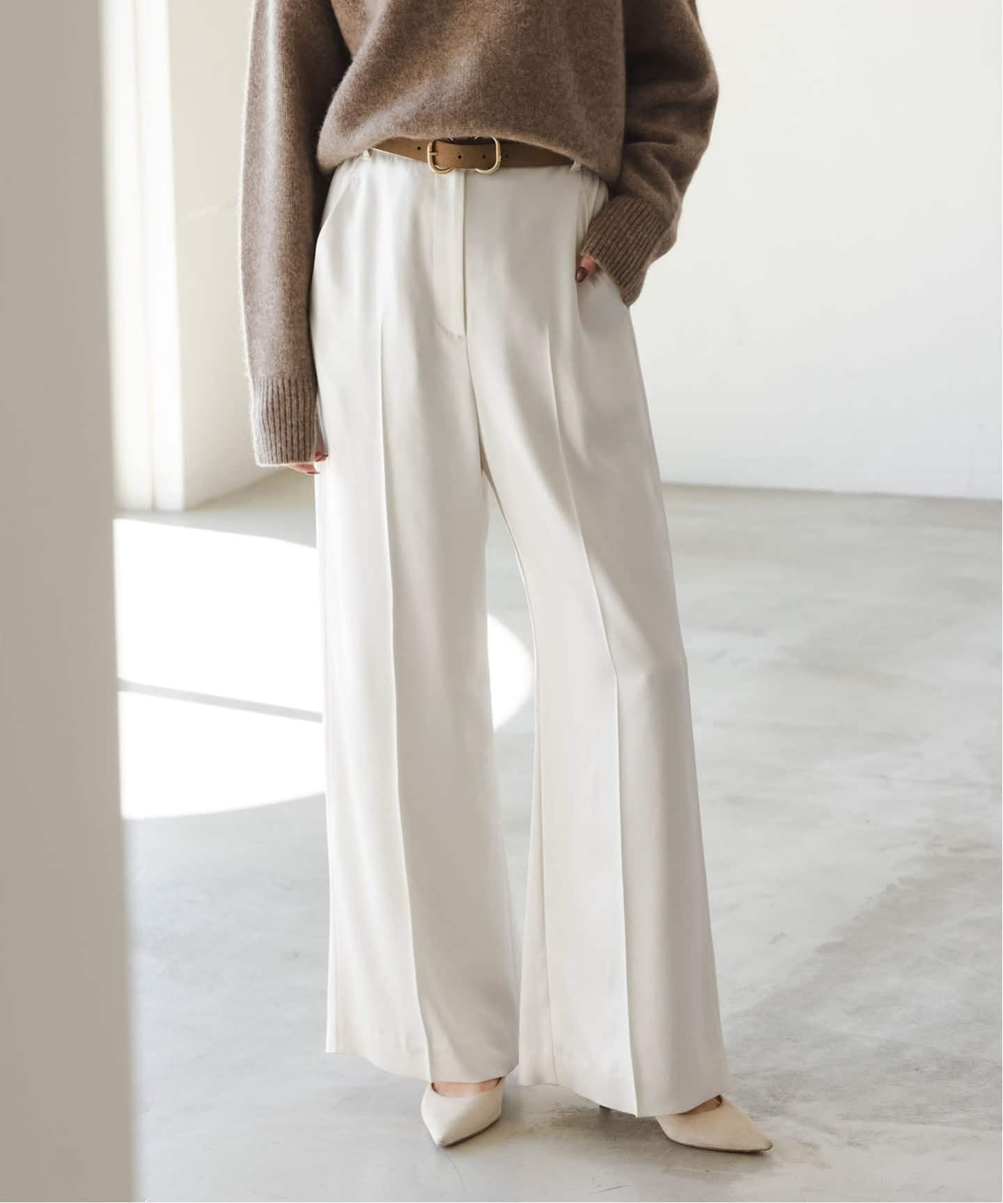 追加》【洗える】ルナサテンベルテッドパンツ(ホワイト)（スラックス