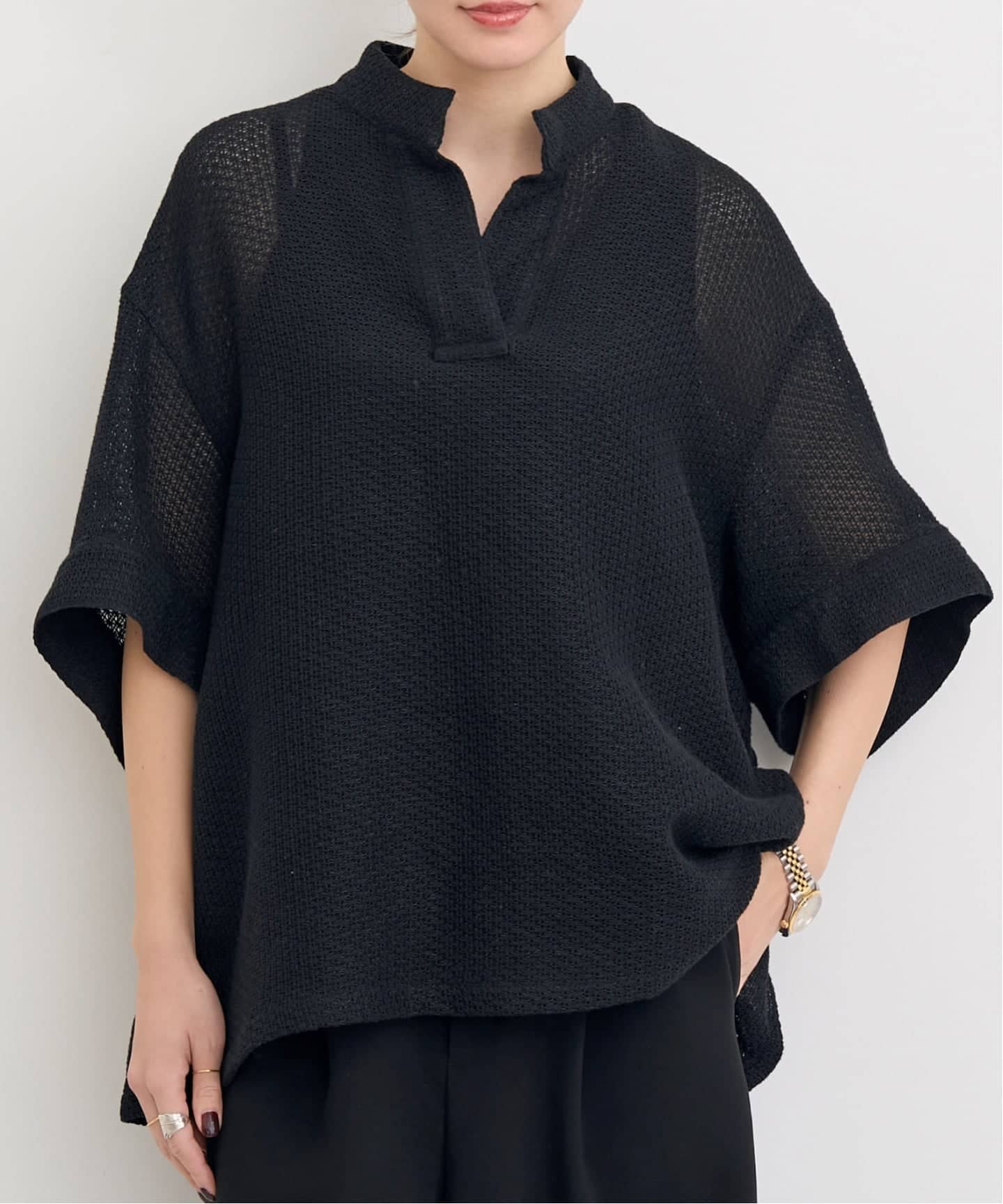 IHNN/イン】 Half Sleeve Mesh Top（シャツ／ブラウス）｜L