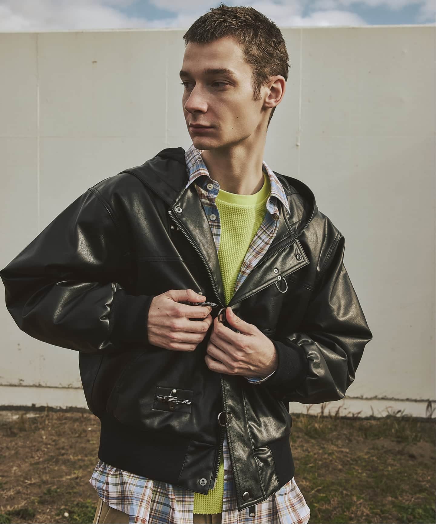 フェイクレザー ファイヤーマン フード ジャケット（レザージャケット