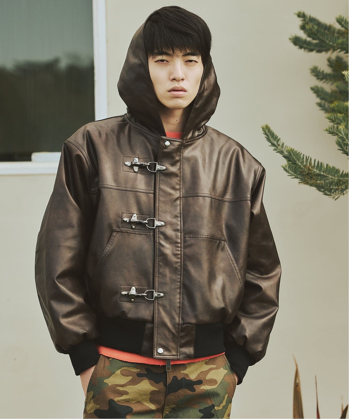 フェイクレザー ファイヤーマン フード ジャケット（レザージャケット