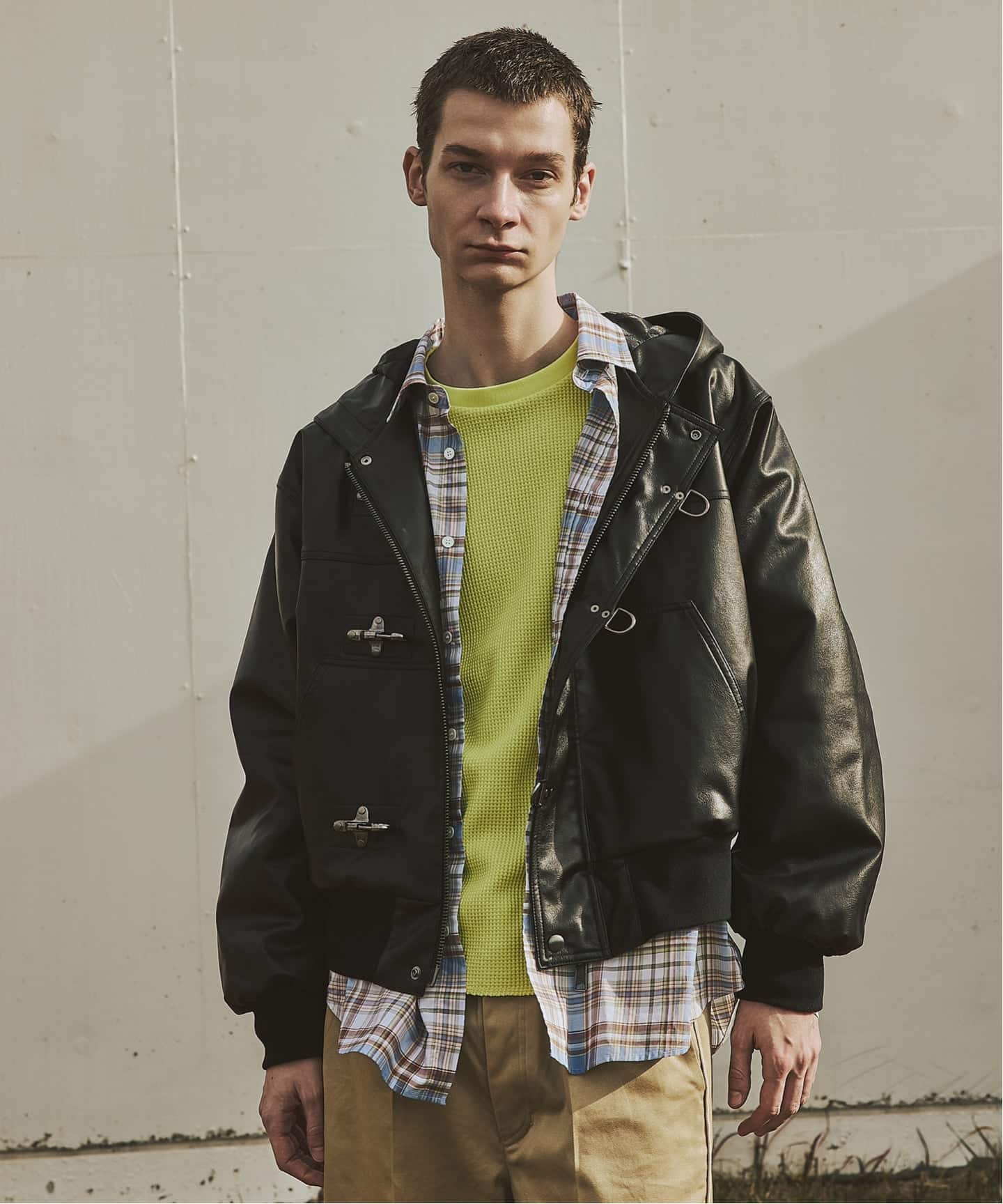 フェイクレザー ファイヤーマン フード ジャケット（レザージャケット