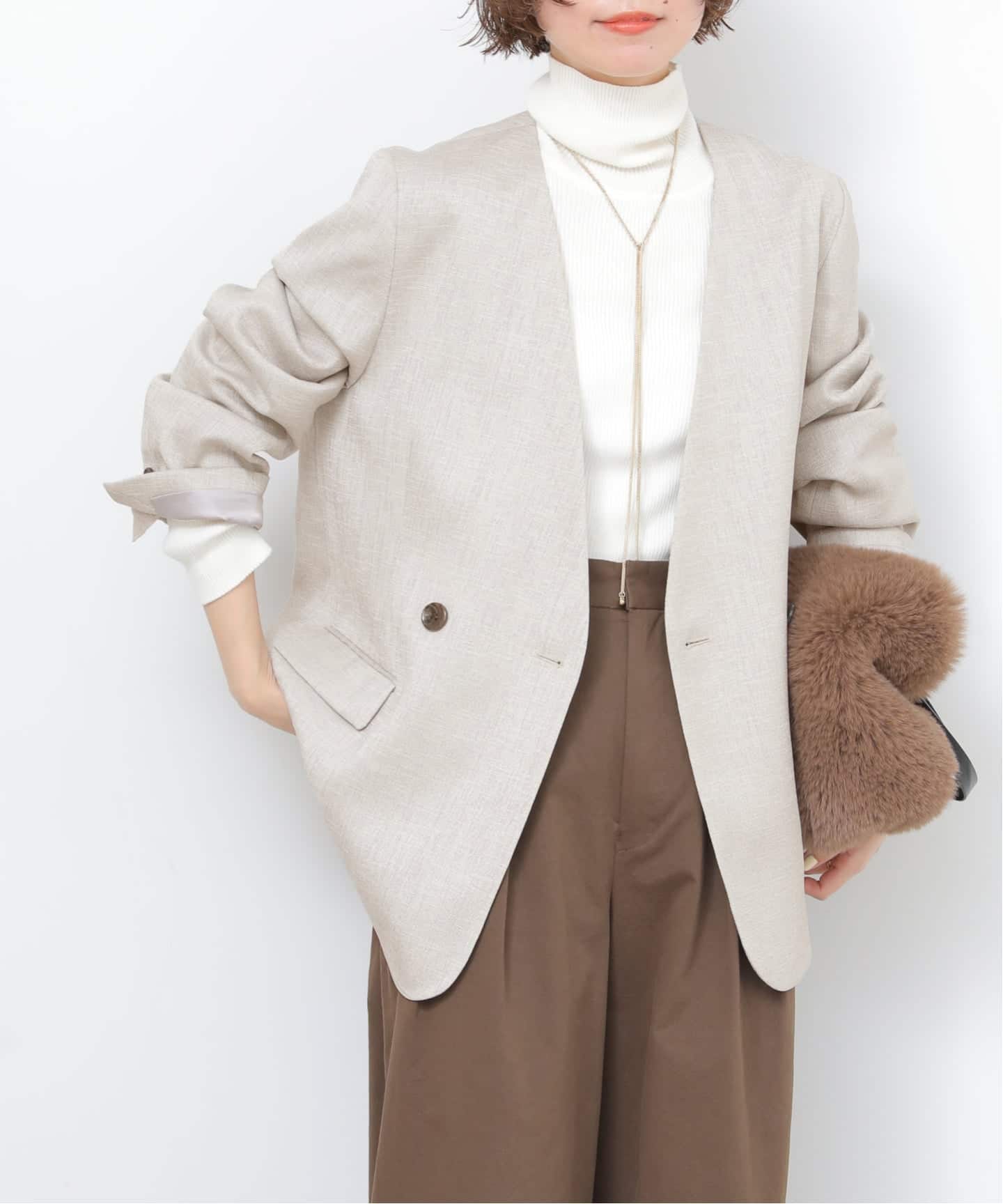 ダブルフロントノーカラージャケット（ノーカラージャケット