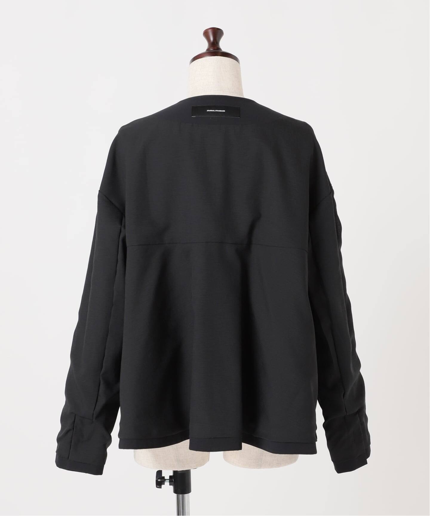 リネンナイロンストレッチフレアジャケット（ノーカラージャケット